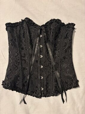 Brocade Corset Top Womens Medium Black Lace Up Bustier Gothic Ruffle Trim
